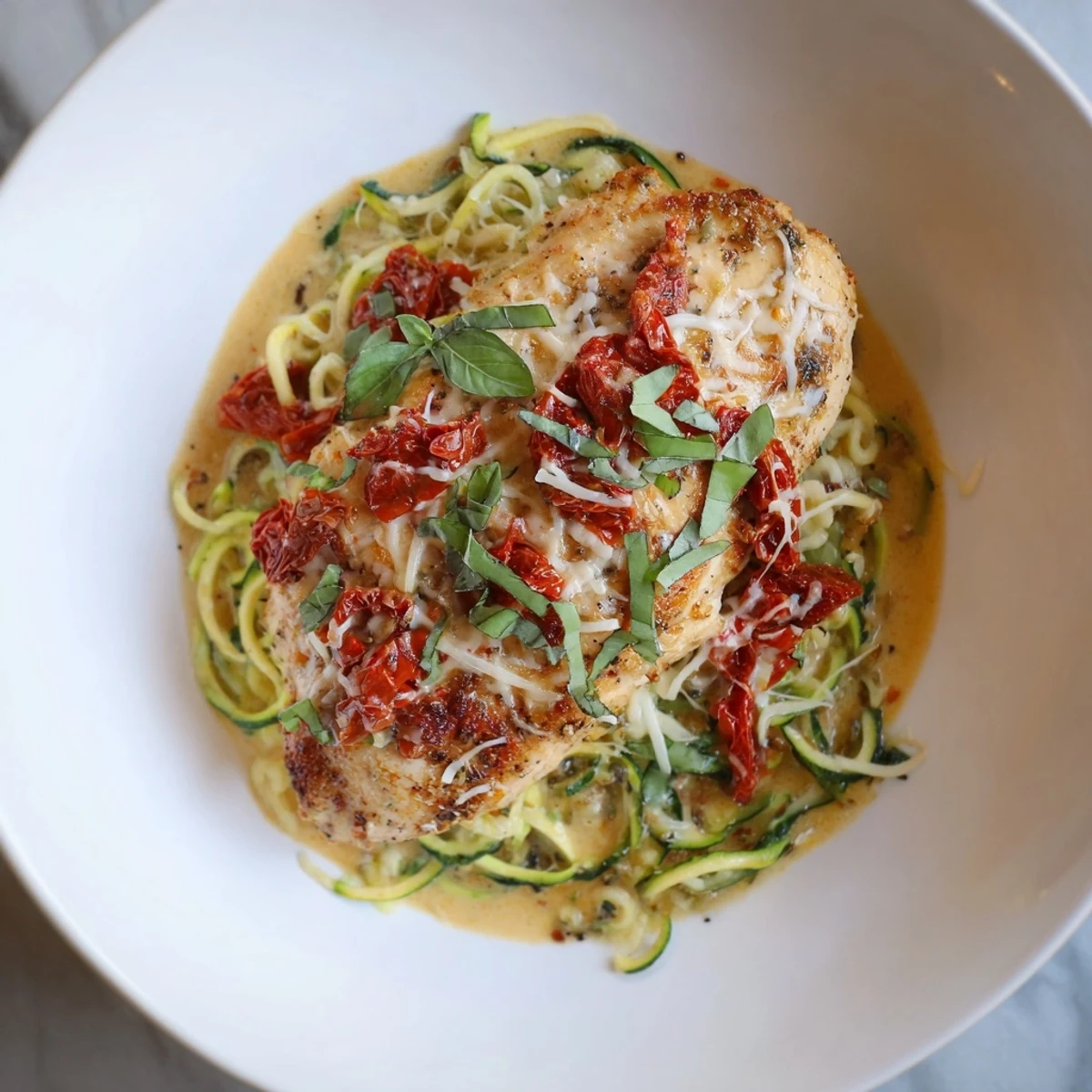 Creamy Marry Me Chicken Zoodles, garnished with fresh basil, ready to serve over bright green zucchini noodles.