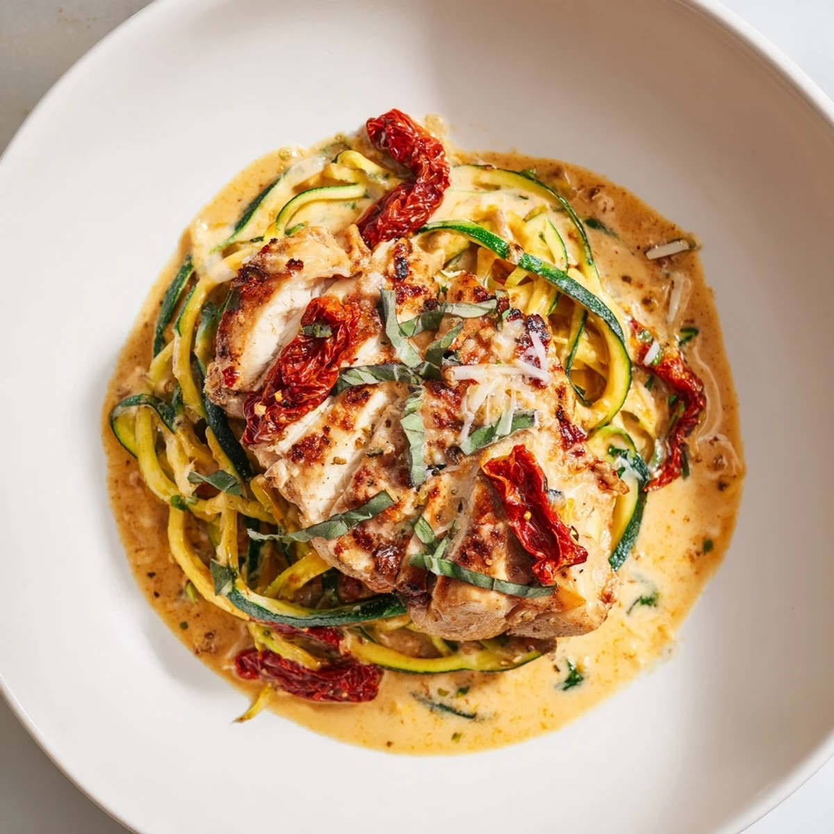 Sizzling pan of Marry Me Chicken Zoodles: chicken in sun-dried tomato cream sauce nestled over zoodles.