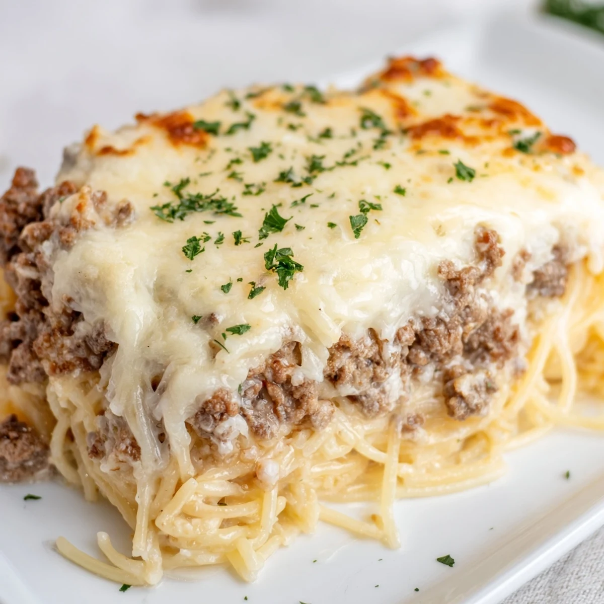 Baked spaghetti casserole bubbling with melted cheese, a comforting aroma of beef and marinara.