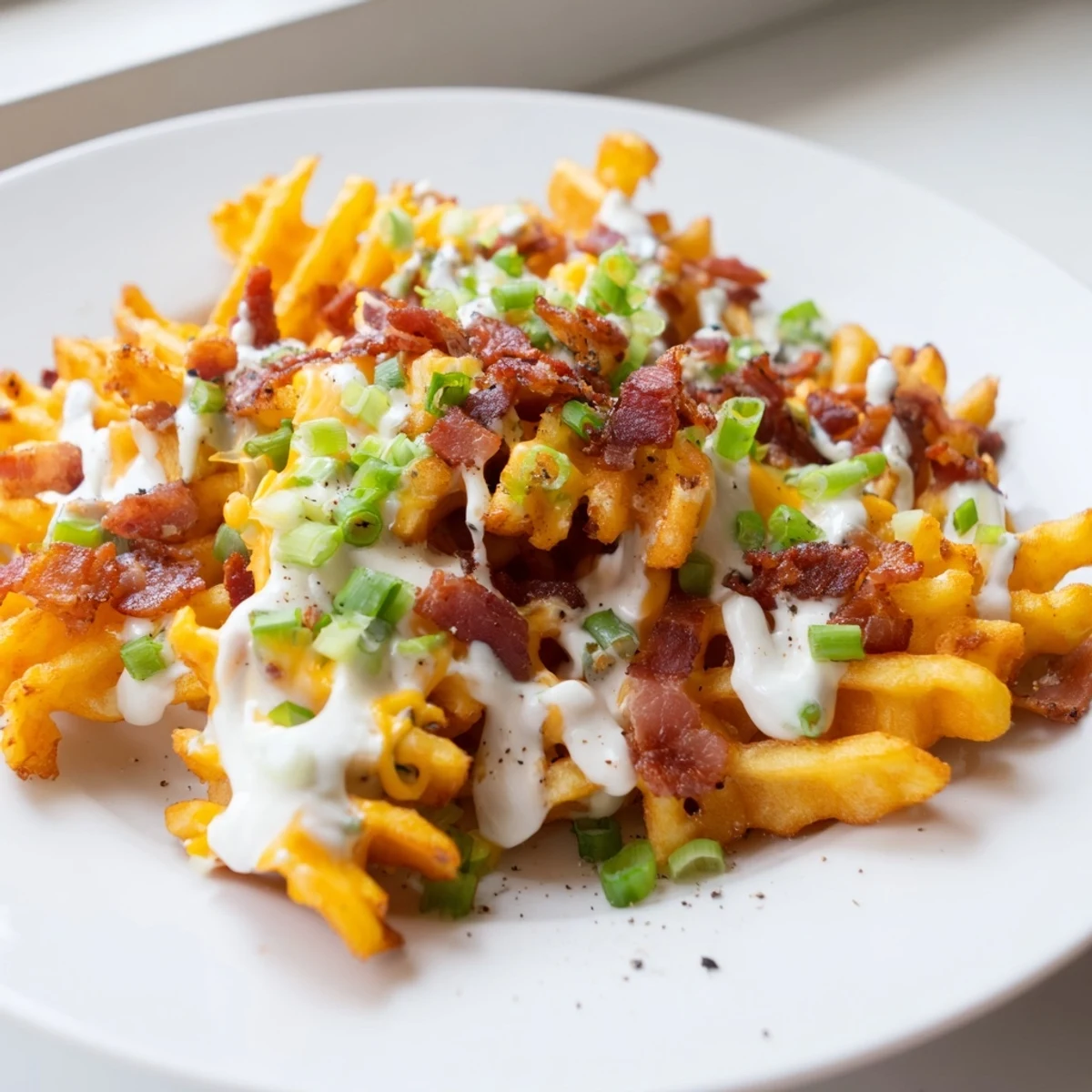 Golden, crispy Loaded Sweet Potato Fries are topped with melted cheddar cheese and savory bacon.