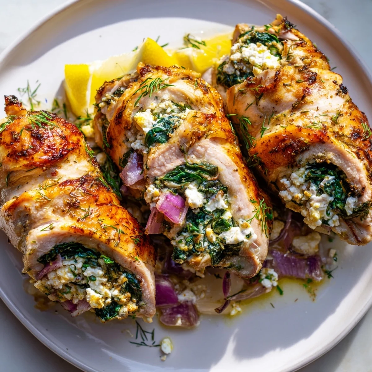 Spinach Feta Stuffed Chicken, golden brown and juicy, served with a vibrant Greek salad.