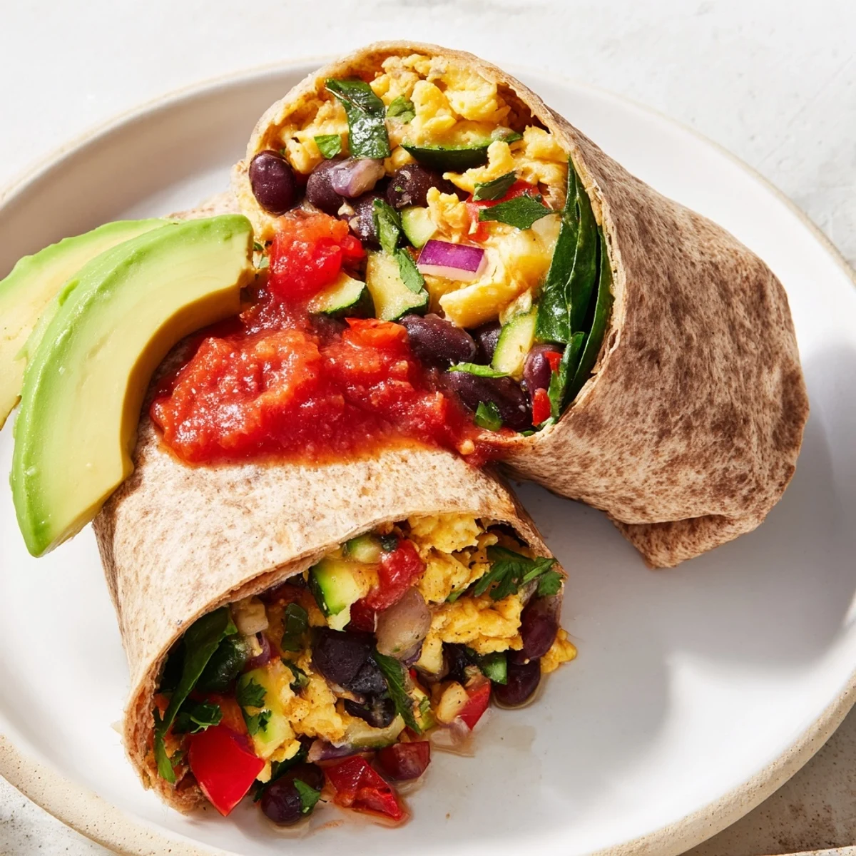 A colorful veggie-loaded breakfast burrito: a warm, inviting meal loaded with fresh toppings.