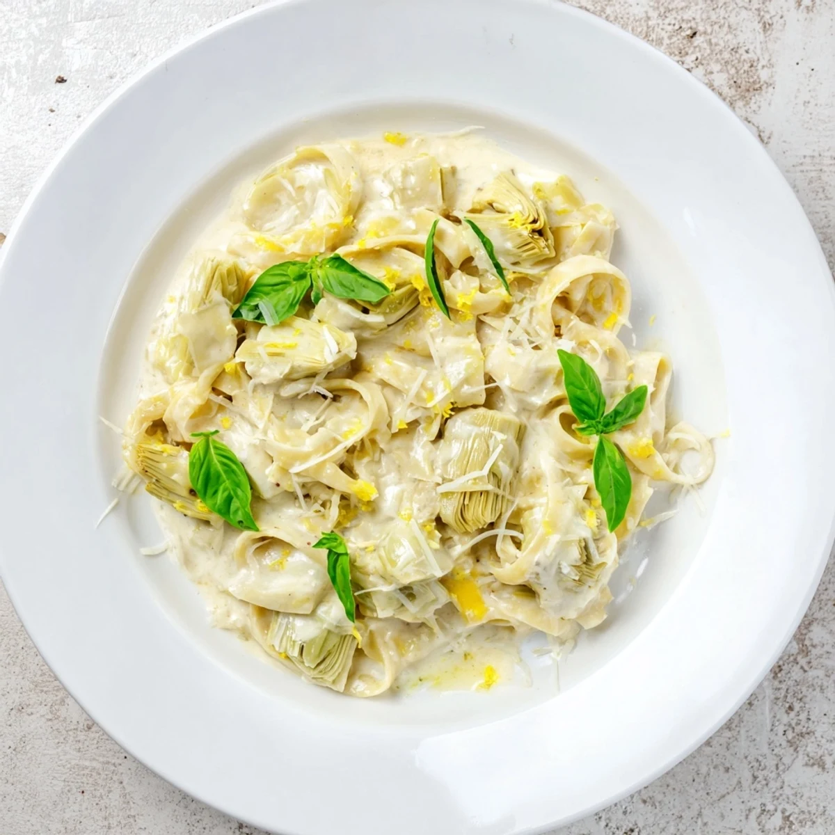 Bright, flavorful Creamy Lemon Artichoke Pasta, served with fresh basil for a delightful vegetarian meal idea.