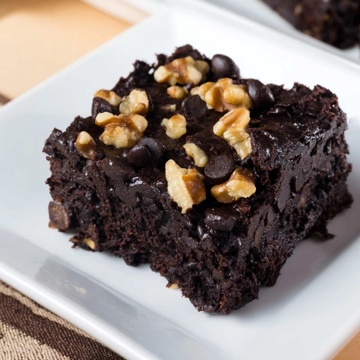 Warm, freshly baked black bean brownies, fudgy and studded with dark chocolate chips.