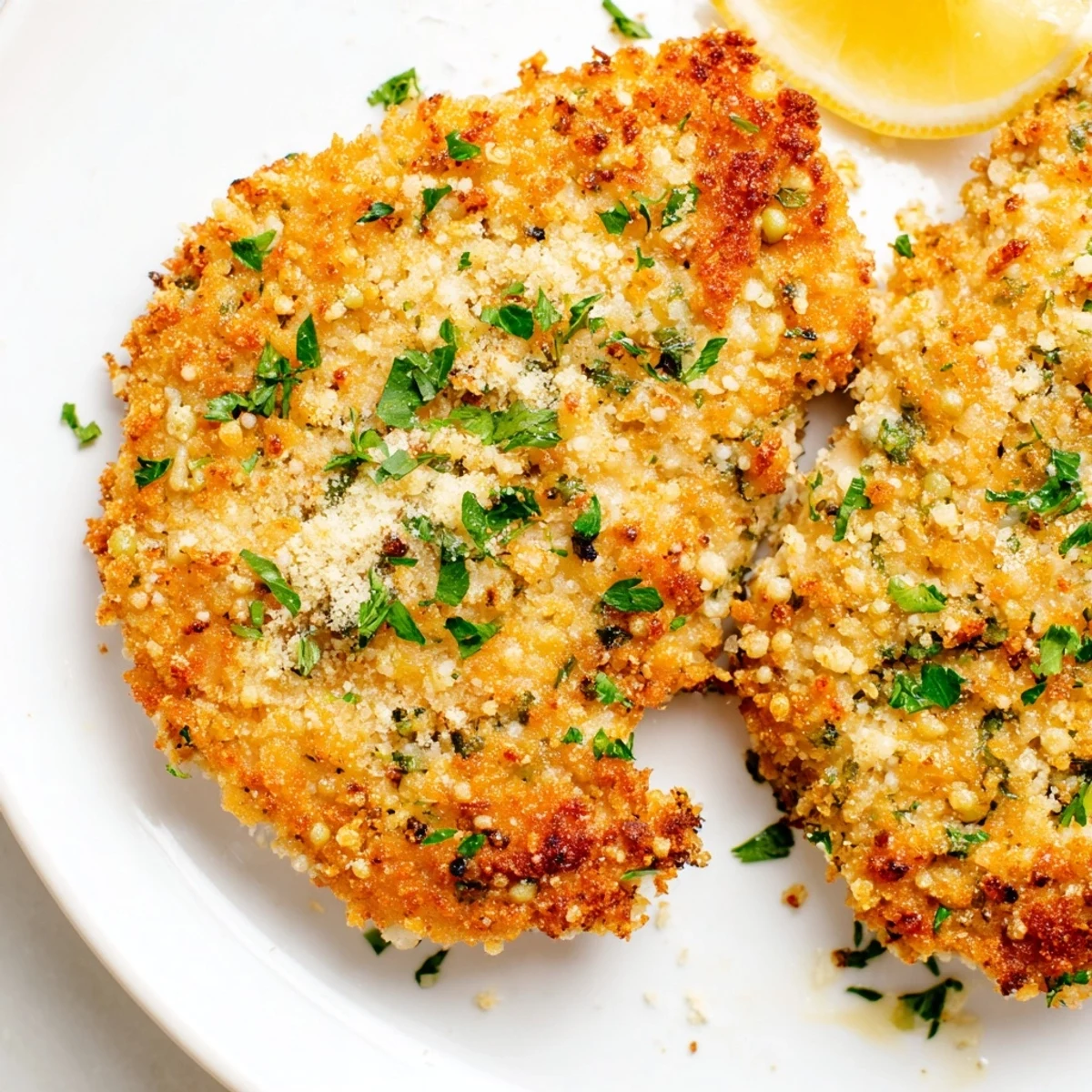 Close-up of baked Crispy Parmesan Chicken Cutlets with herbs; a delicious, crispy Italian-American dinner.