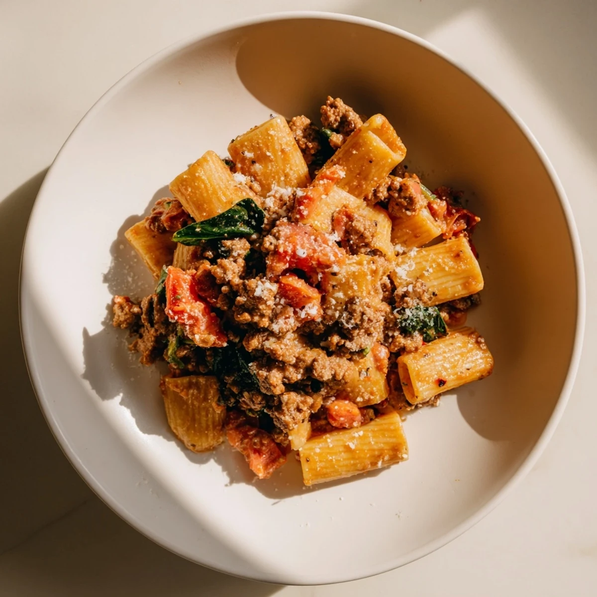A close-up of a hearty bowl of One-Pot Italian Sausage Tomato Pasta, garnished with Parmesan cheese.