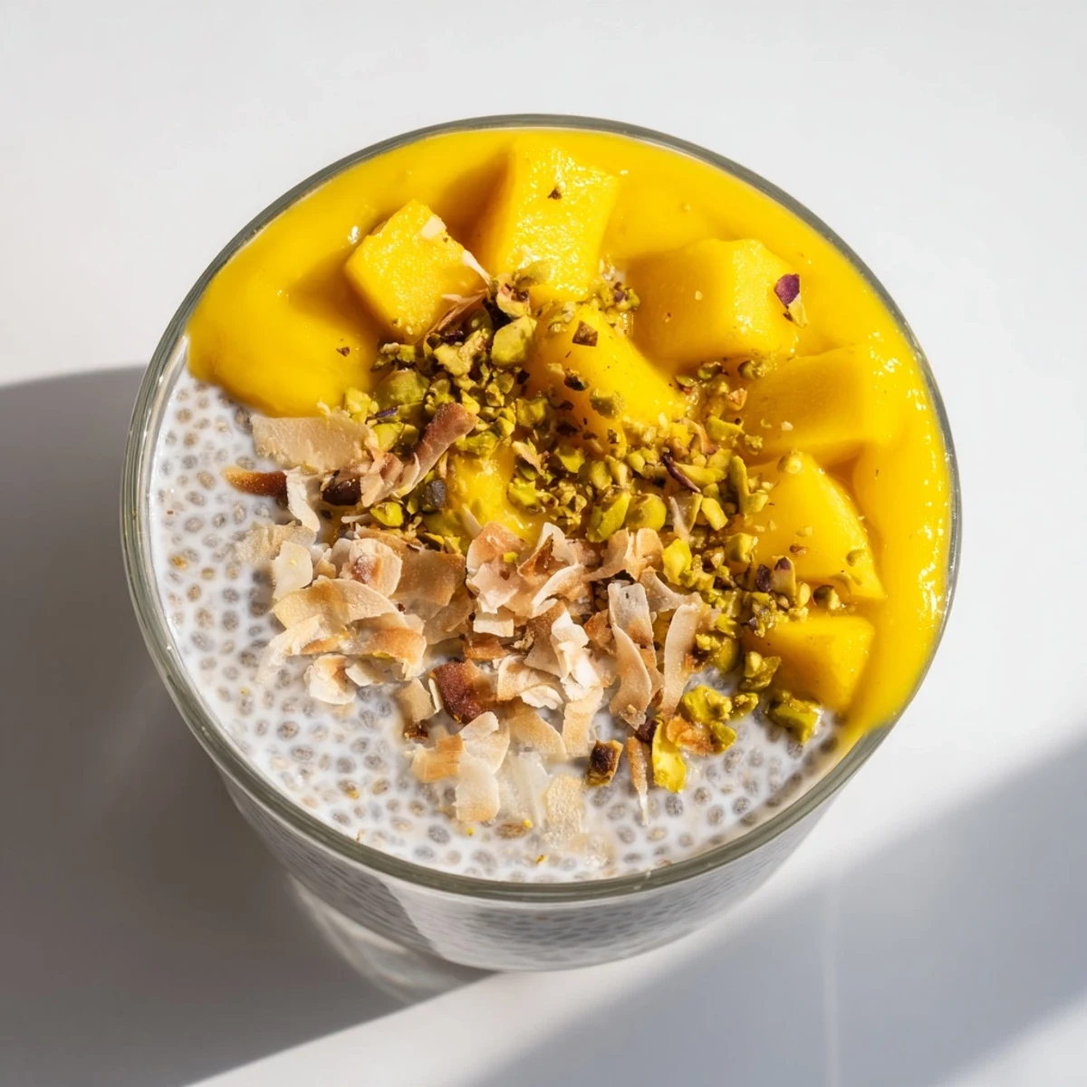 Close-up of a layered Mango Coconut Chia Pudding, showing a rich and creamy texture.