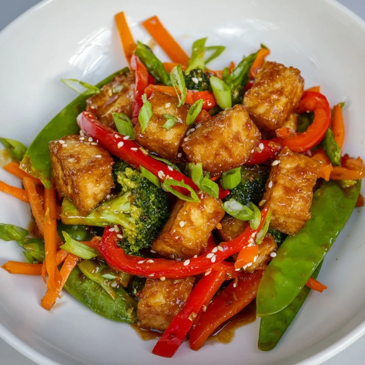 Savory sesame ginger tofu stir-fry with noodles, offering a balance of textures and flavors.