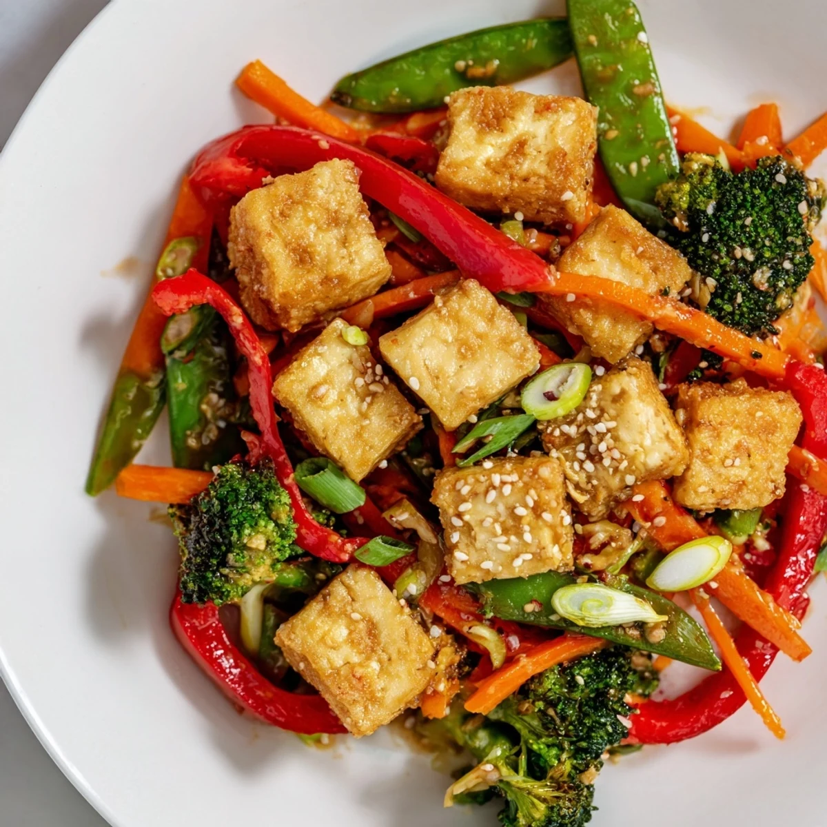 Golden, crispy sesame ginger tofu stir-fry with vibrant vegetables and a glossy sauce served.