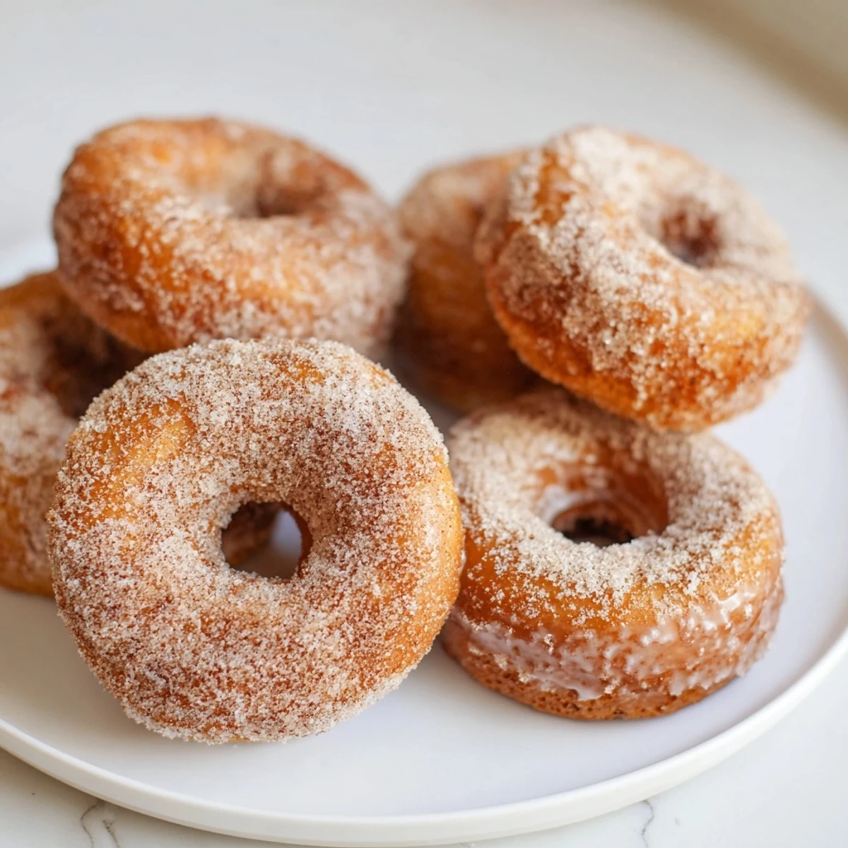 Freshly baked cinnamon-sugar donuts: Fluffy texture and a sweet, cinnamony coating on a plate.
