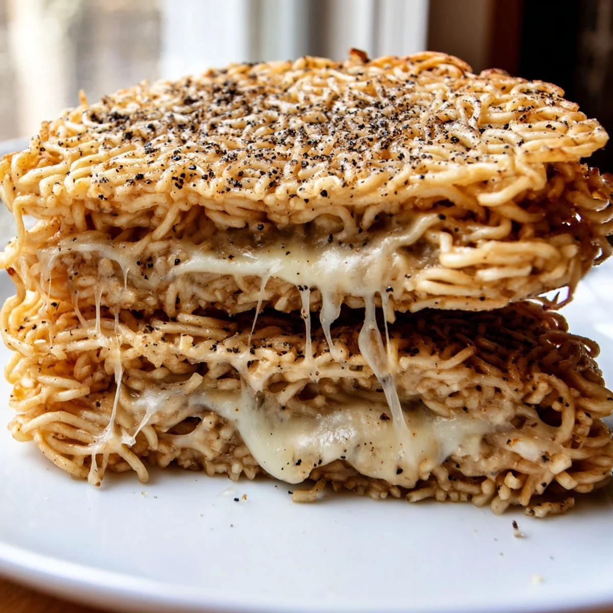 Mouthwatering, cheesy ramen grilled cheese: a comforting, fun American-Asian fusion snack image.