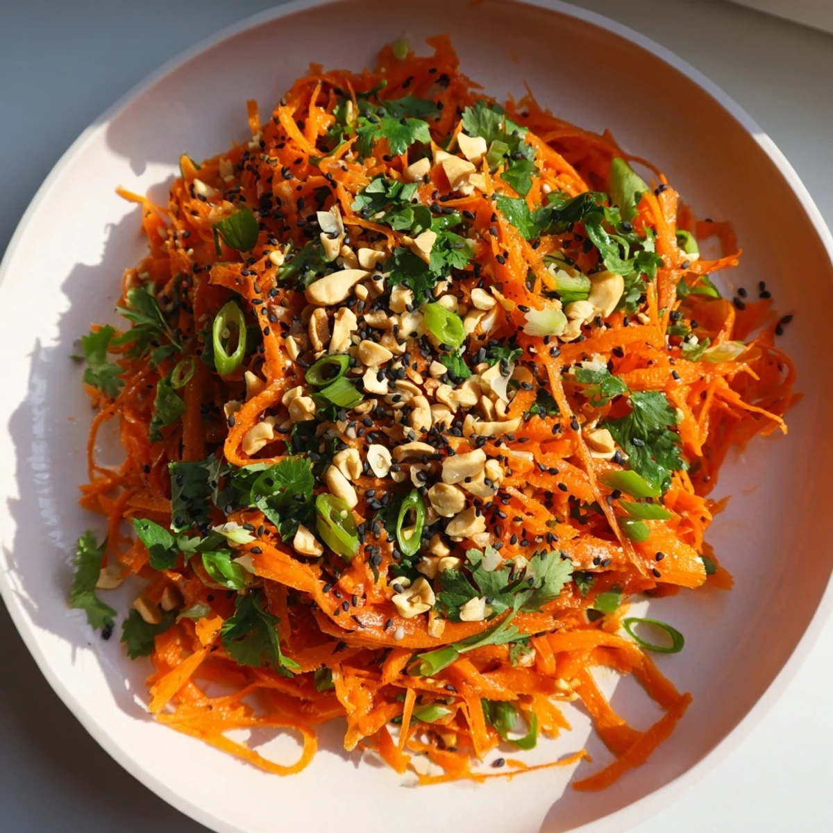 A close-up of a refreshing Spicy Carrot Salad with peanuts, perfect as a side dish.