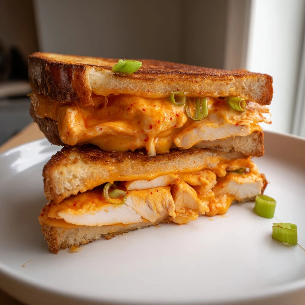 Golden-brown Gochujang Mayo Chicken Sandwich grilled cheese, oozing cheesy goodness and spicy chicken filling.
