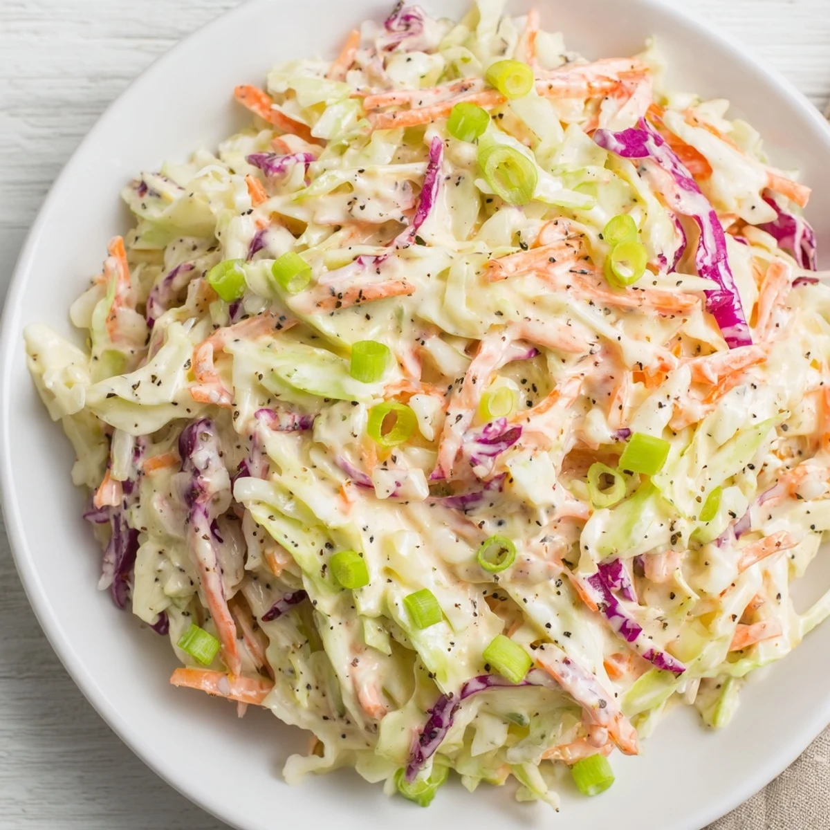 Quick Coleslaw Salad with Creamy Dressing, featuring shredded cabbage and carrots, ready to be served.