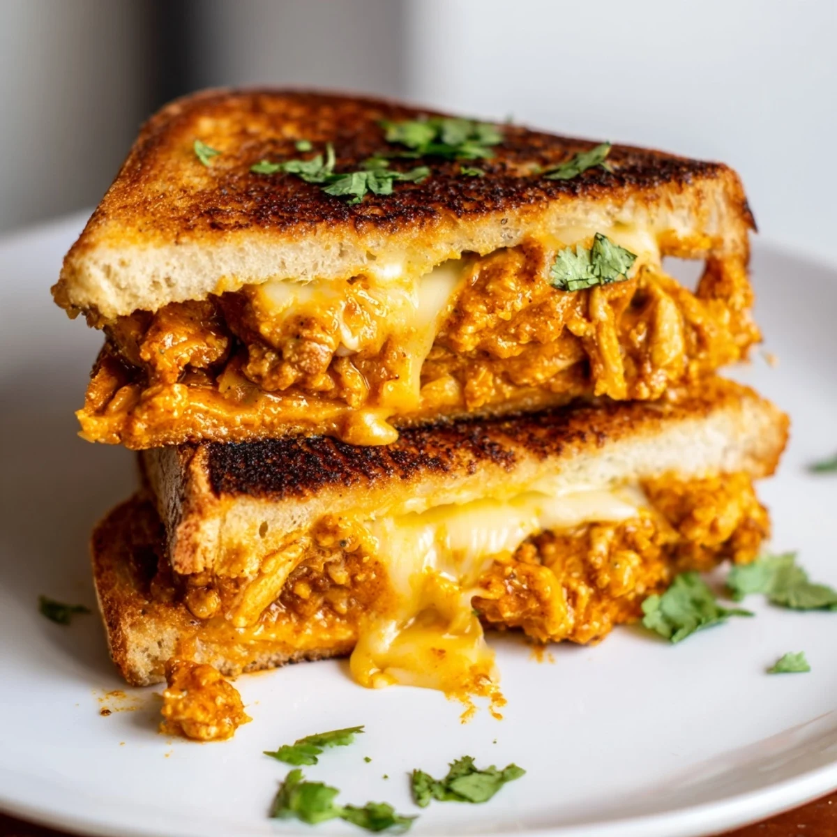 Golden, melted cheese oozing from a Savory Butter Chicken Grilled Cheese, ready to eat.