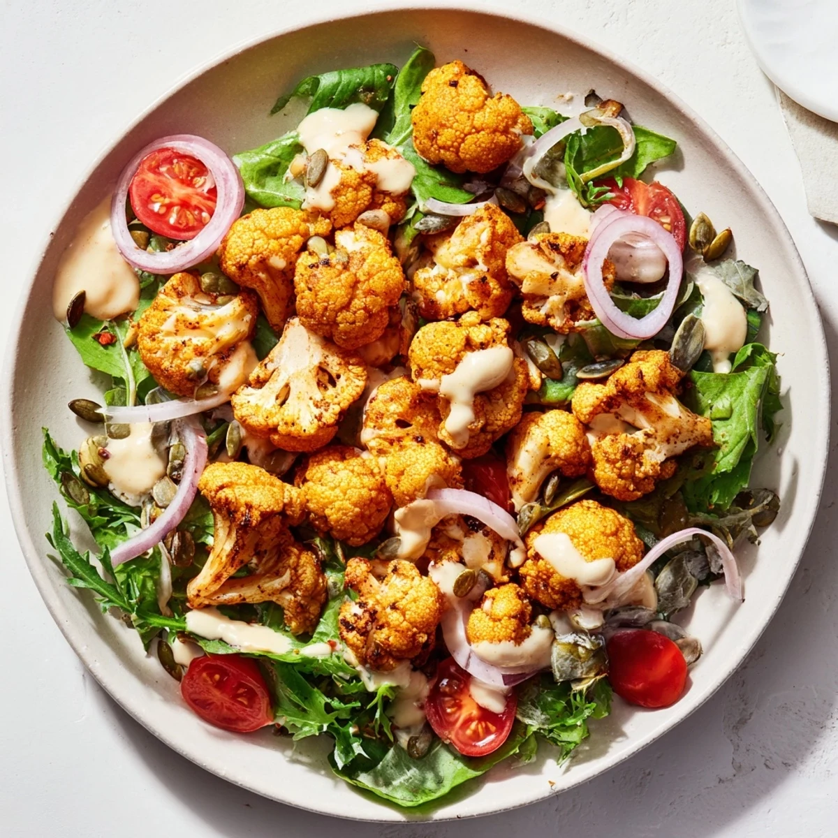 A close-up of a Crispy Cauliflower Salad featuring roasted cauliflower atop a bed of greens and tahini dressing.