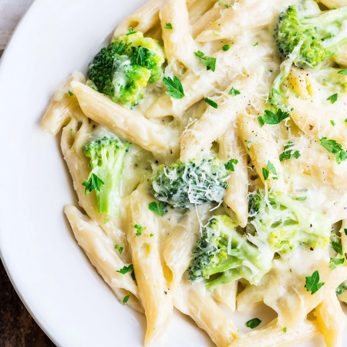 This comforting plate of Cream Cheese Garlic Pasta, steaming hot and tossed with vibrant green broccoli.