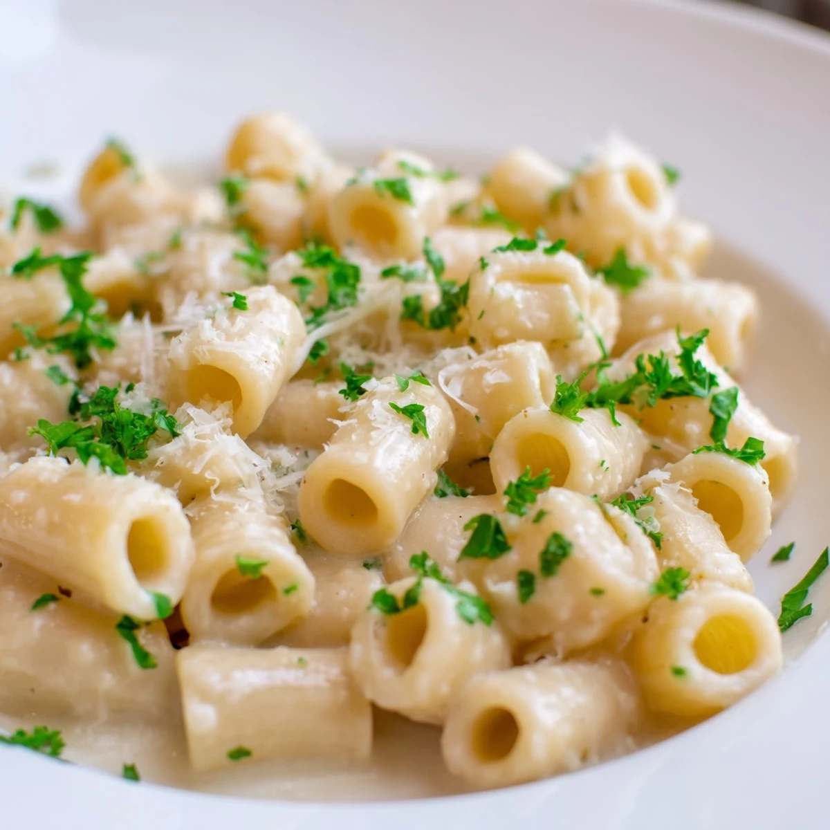 Creamy ditalini pasta with garlic, garnished with fresh parsley, ready to serve on a white plate.