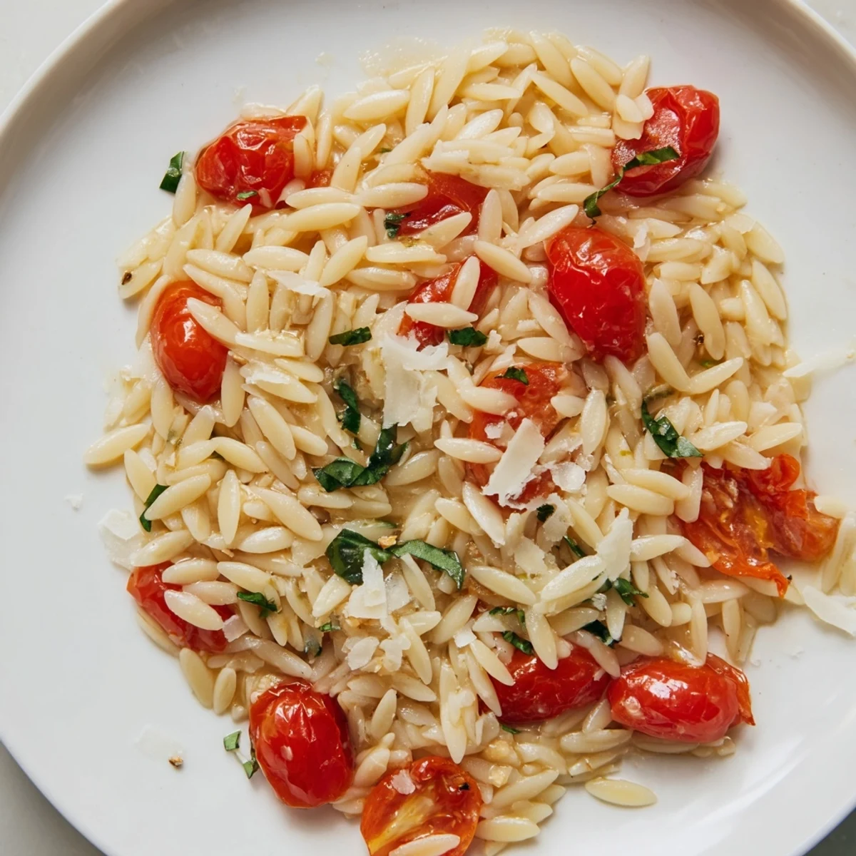 Bright photo of orzo tomato Parmesan showcasing juicy tomatoes and lots of grated Parmesan cheese.