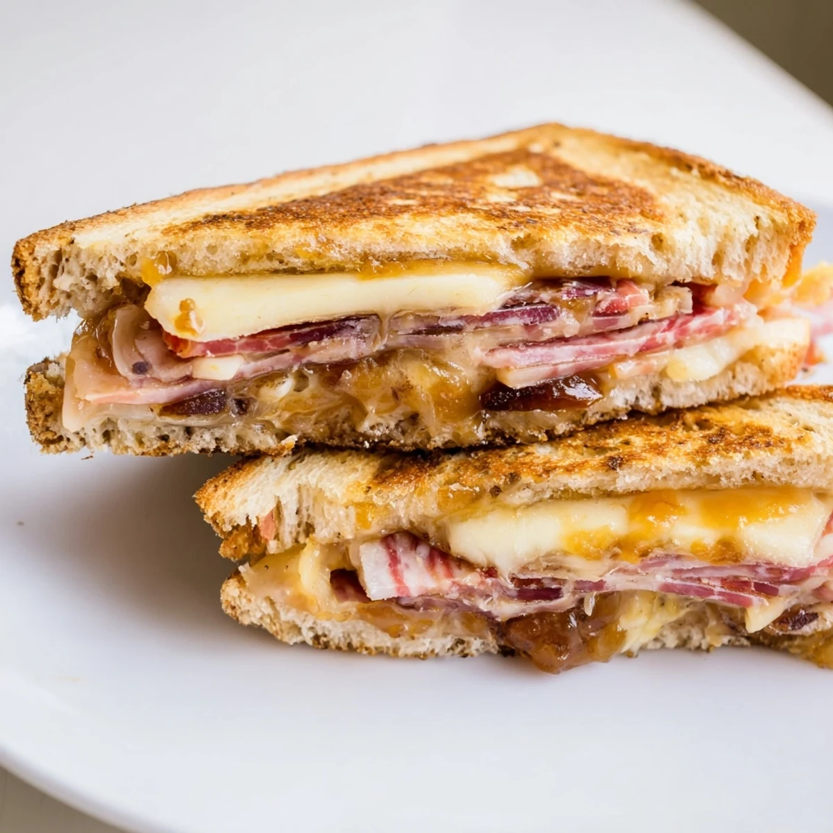 Golden, melty layers of a gourmet charcuterie grilled cheese, ready for a delicious bite.