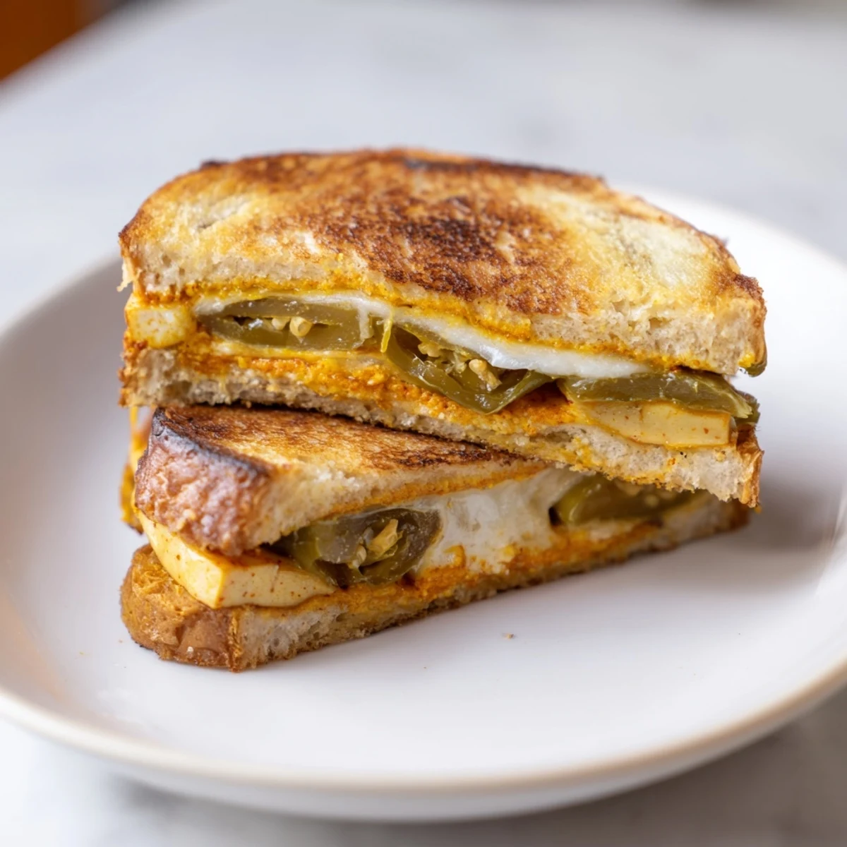 Golden, perfectly toasted sourdough surrounds savory spicy crispy tofu grilled cheese, ideal for a comforting lunch.