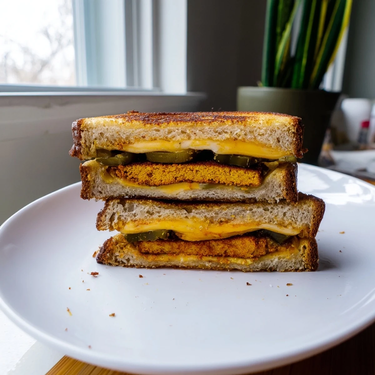 Delicious, vegan Spicy Crispy Tofu Grilled Cheese with a spicy kick, served warm and melty for a satisfying meal.