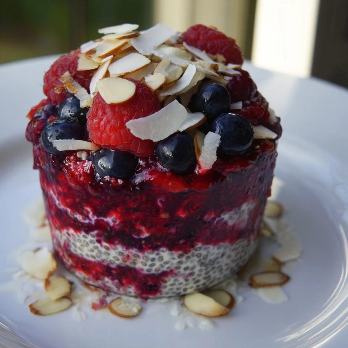 This close-up photo shows a refreshing Berry Chia Pudding, artfully layered in a clear jar.
