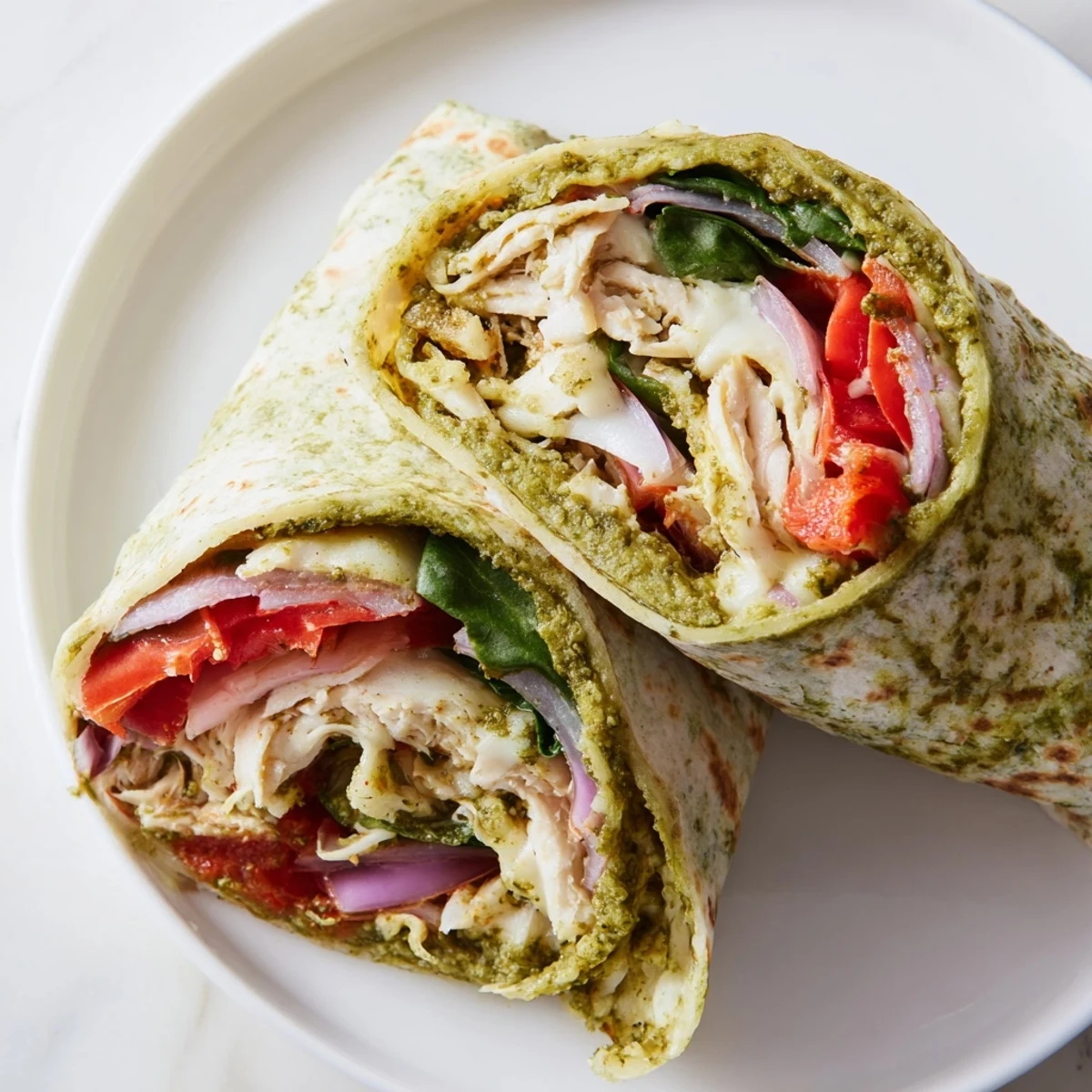 Tender pesto chicken wrap, filled with fresh veggies and melty mozzarella, ready to eat.