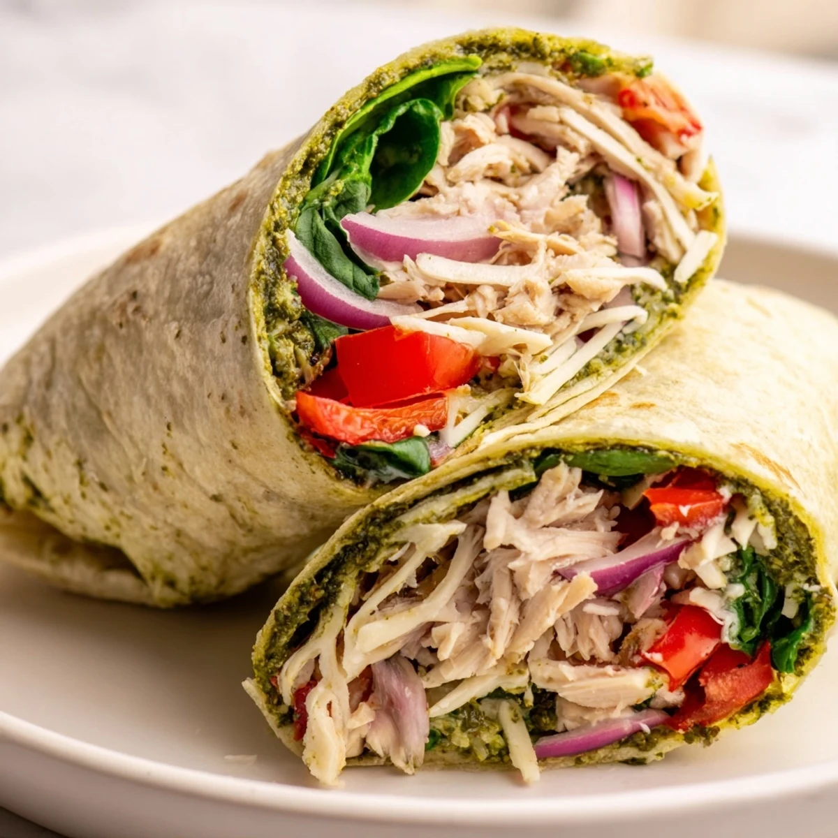 Freshly made pesto chicken wrap, perfect for lunch with herbs and colorful vegetables.