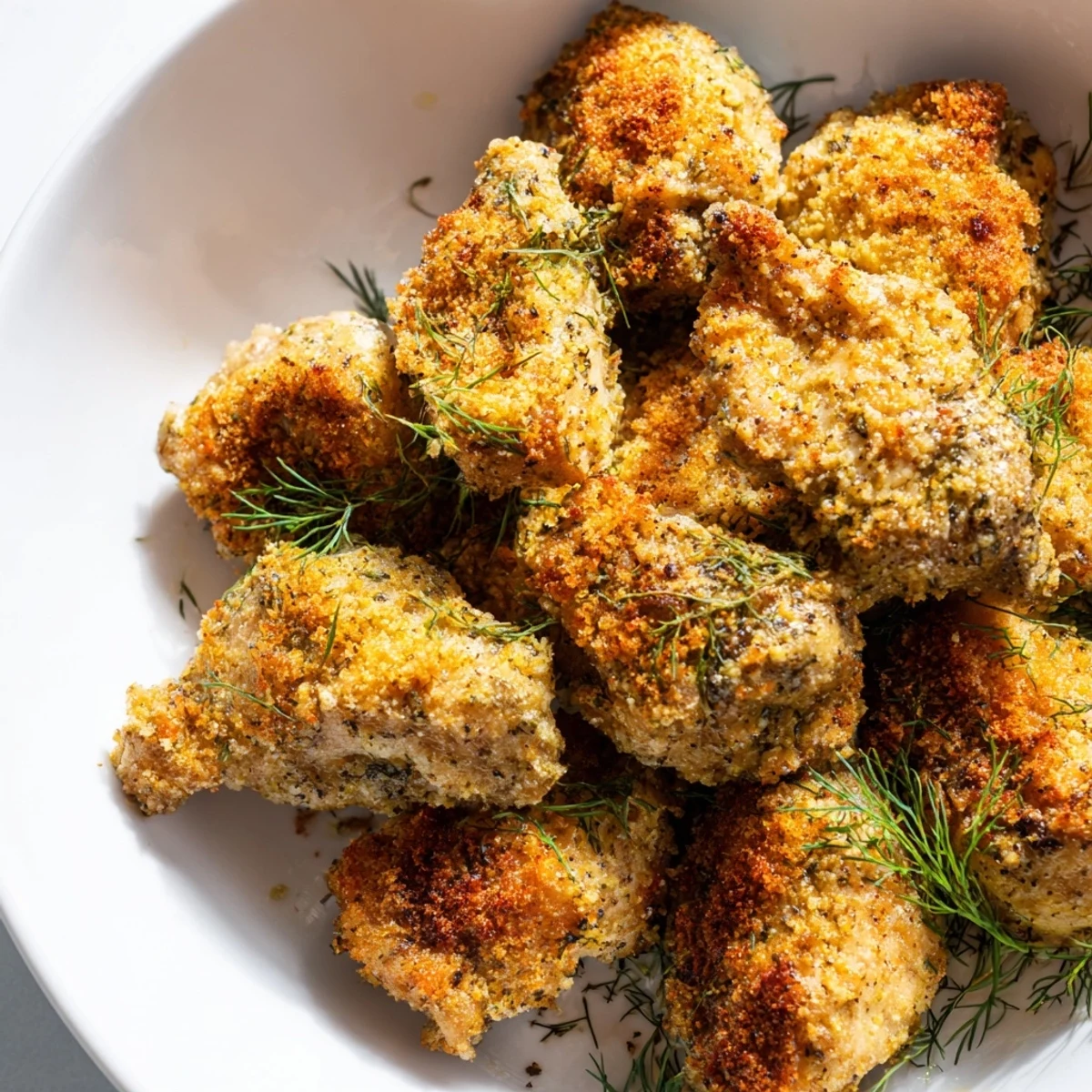 Golden, oven-baked Pickle Ranch Chicken with crispy edges, ready to serve with fresh dill.