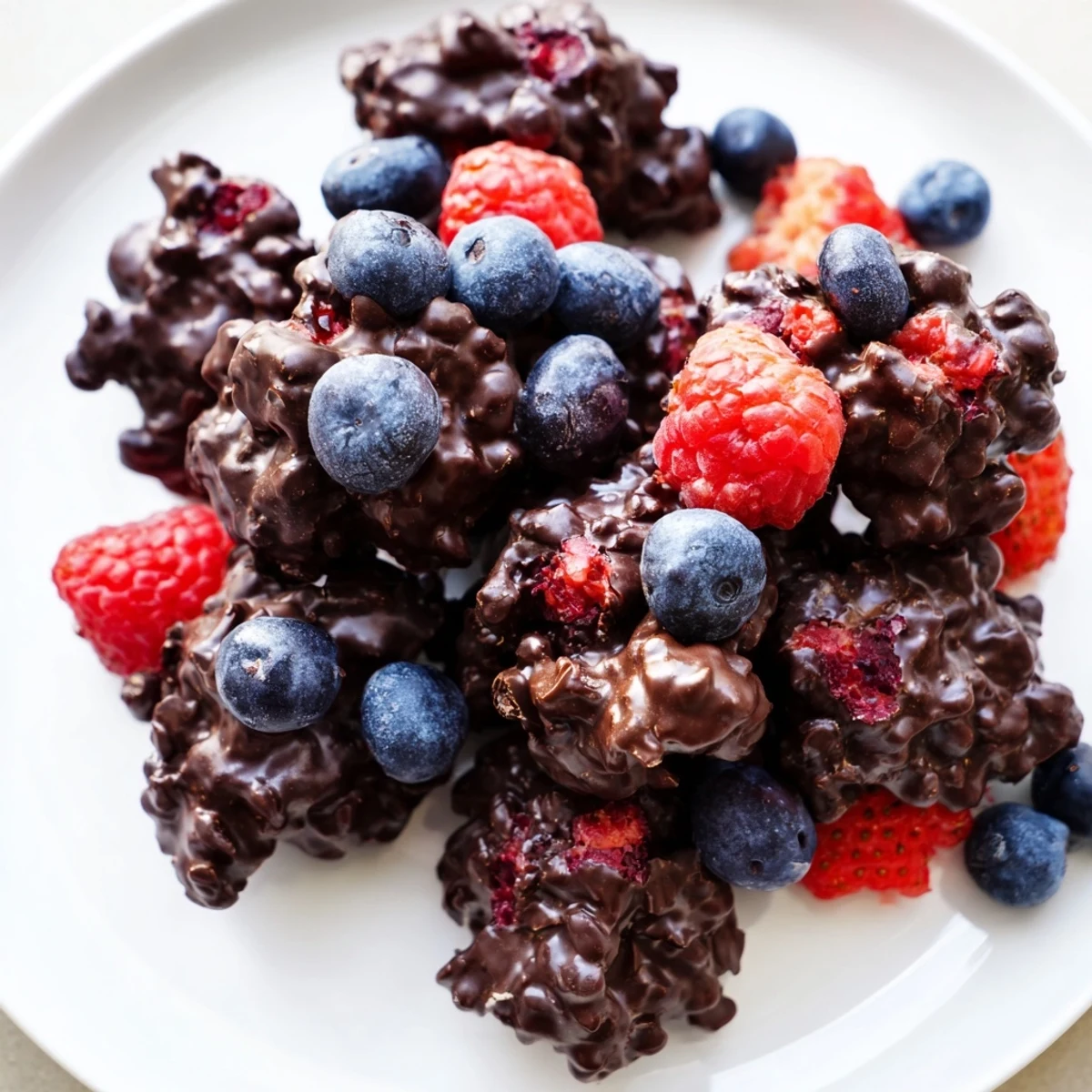 Glistening dark chocolate coats berry-filled Chocolate Yogurt Clusters, a perfect frozen treat.