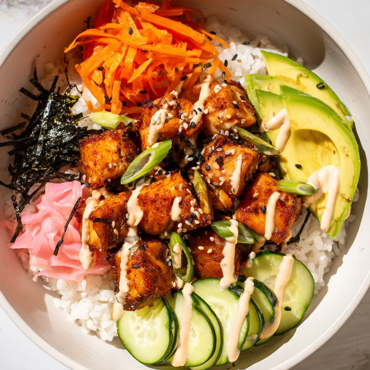Crispy golden salmon bites bowl served over fluffy rice, topped with fresh veggies and a spicy sauce.