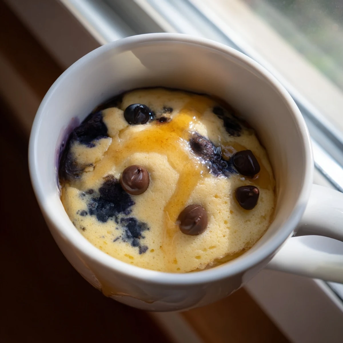 Steaming hot microwave mug pancakes topped with syrup and fresh blueberries, ready to eat.