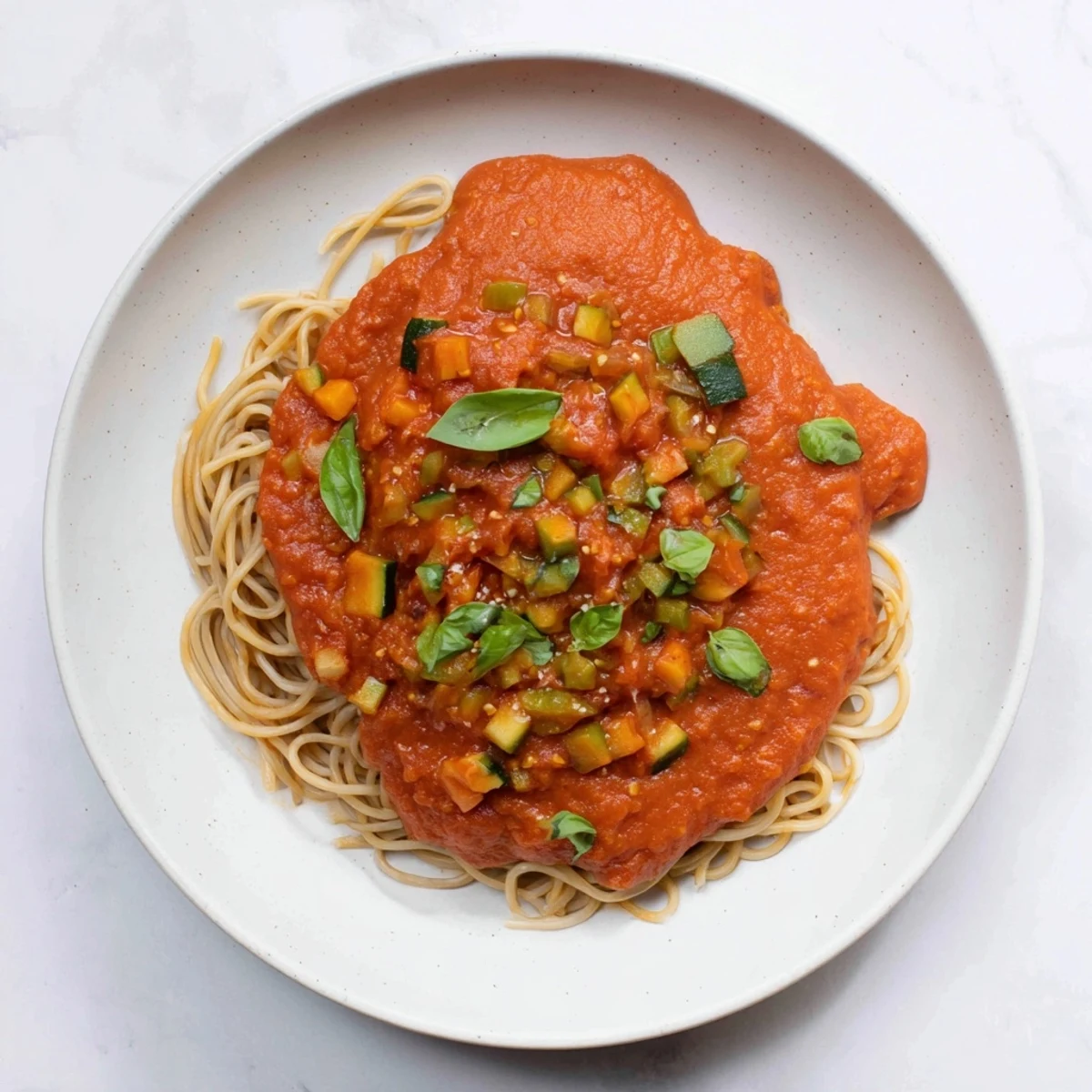 Creamy Veggie-Loaded Tomato Pasta Sauce, a vibrant blend of vegetables over steaming pasta, ready to eat.