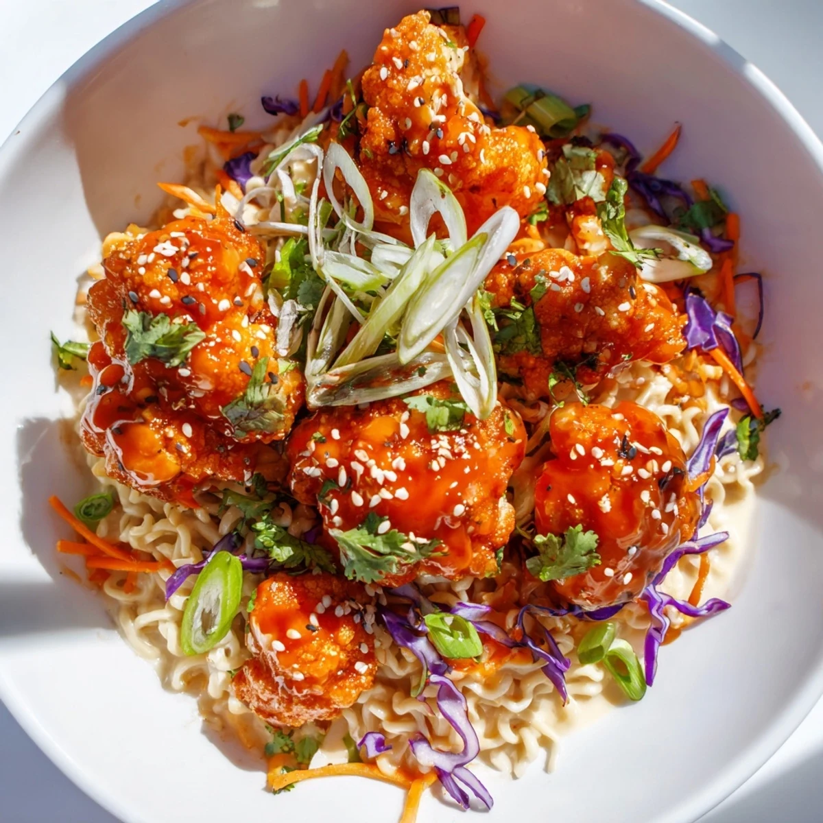 Close-up of Chaos Cooking's Buffalo Cauliflower Ramen, featuring crispy florets and creamy broth with garnishes.
