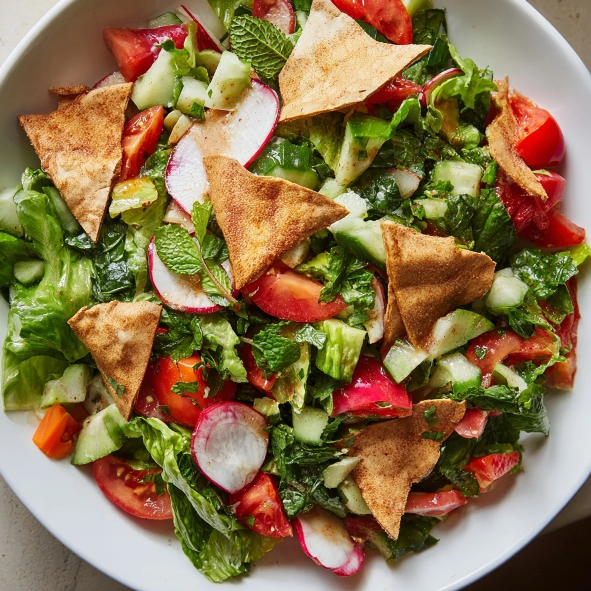 A close-up image of Fattoush Crunch Salad showing the bright, zesty sumac dressing and crunchy textures.