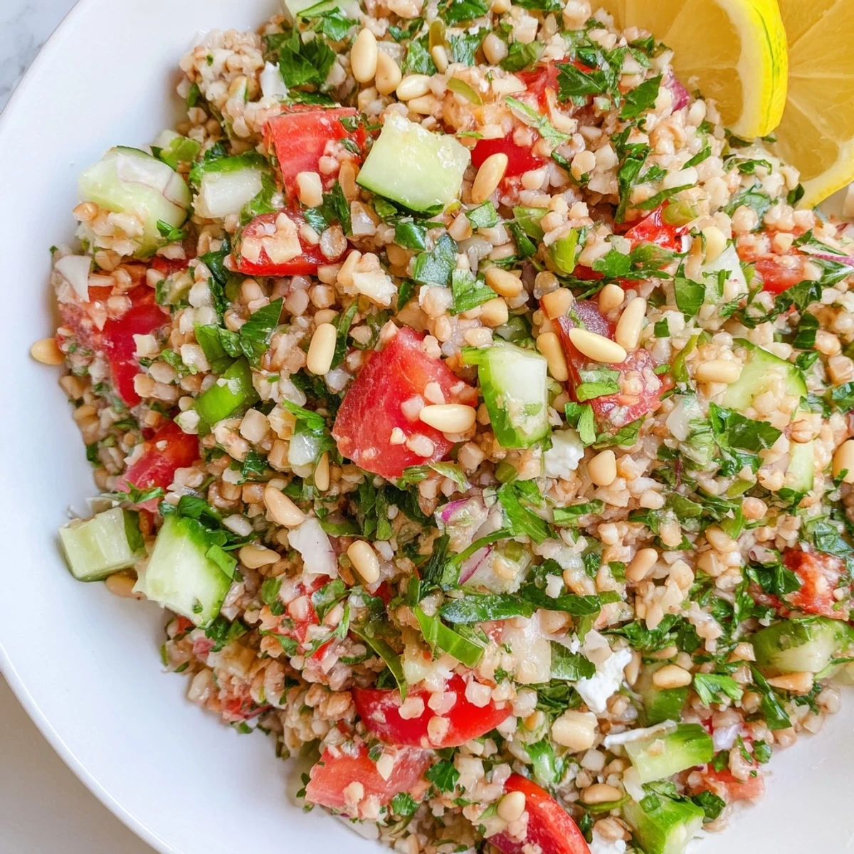 A colorful Tabbouleh Grain Bowl, fresh and vibrant with tomatoes and herbs, ready to be enjoyed.