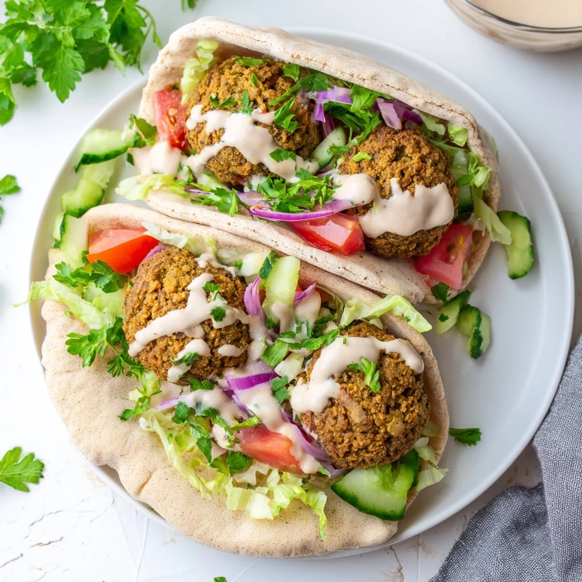 Golden-brown falafel pita pocket brimming with fresh, colorful vegetables and tahini drizzle.