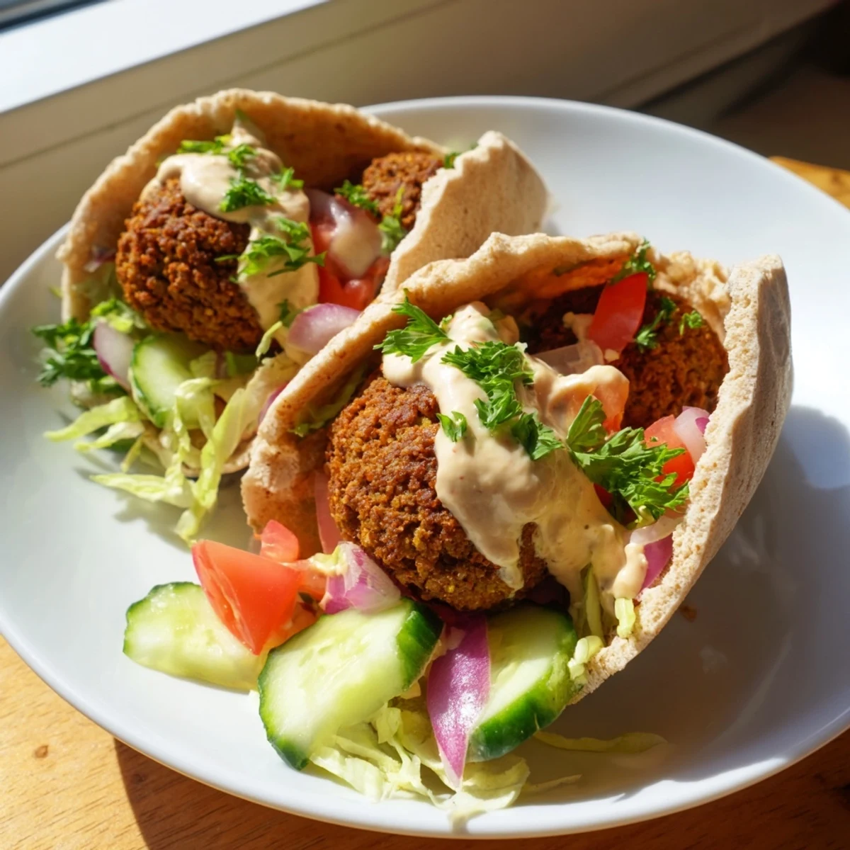 Warm pita bread overflowing with savory falafel, colorful veggies, and creamy tahini sauce.