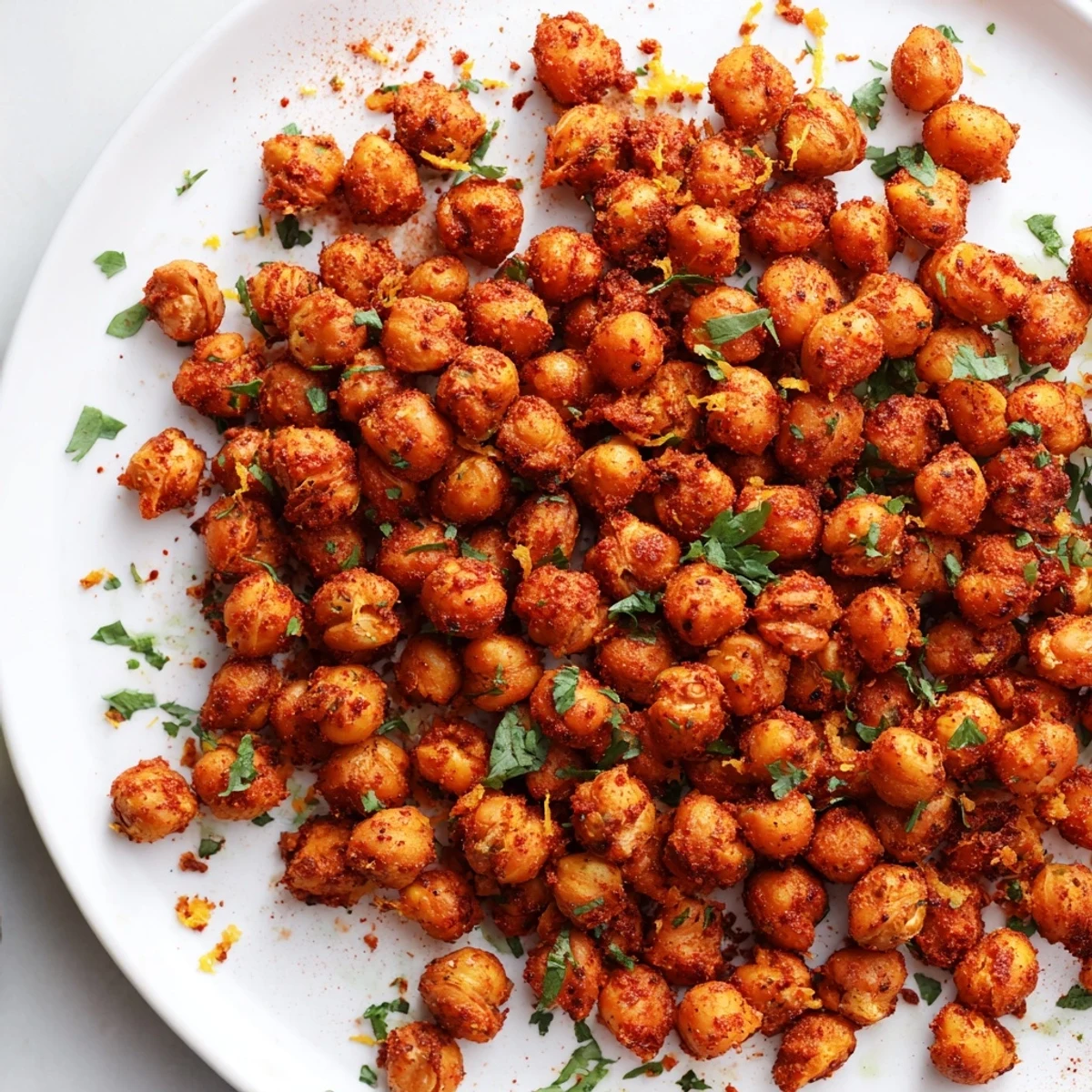 Vibrant, crunchy Harissa Chickpea Roast fresh from the oven, offering bold North African flavors.