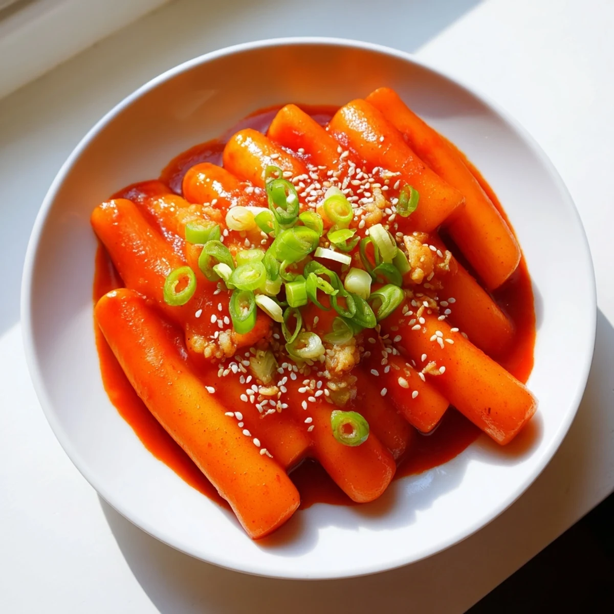Savory Korean Tteokbokki in a pot, ready to serve, with optional boiled eggs and sesame seeds.
