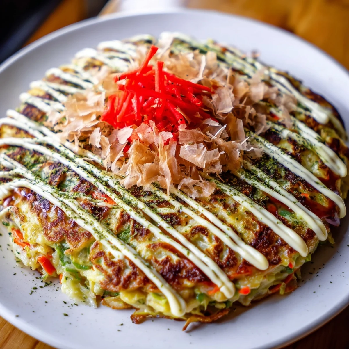 Golden-brown Japanese Okonomiyaki pancakes are drizzled with savory sauce and creamy mayonnaise.
