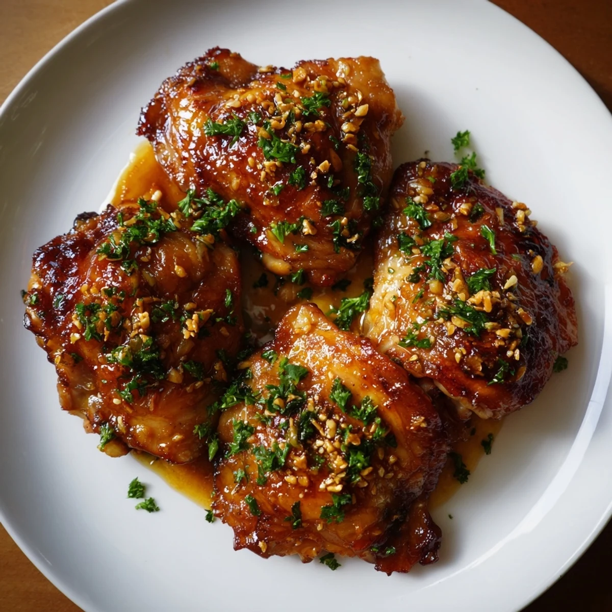 Juicy Honey Garlic Glazed Chicken, baked to a delicious caramelized perfection with fresh herbs.