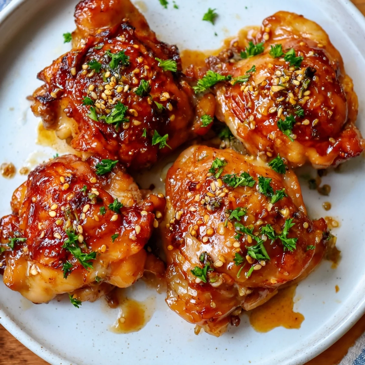 Golden, glistening Honey Garlic Glazed Chicken skin and rich glaze ready to be served over rice.