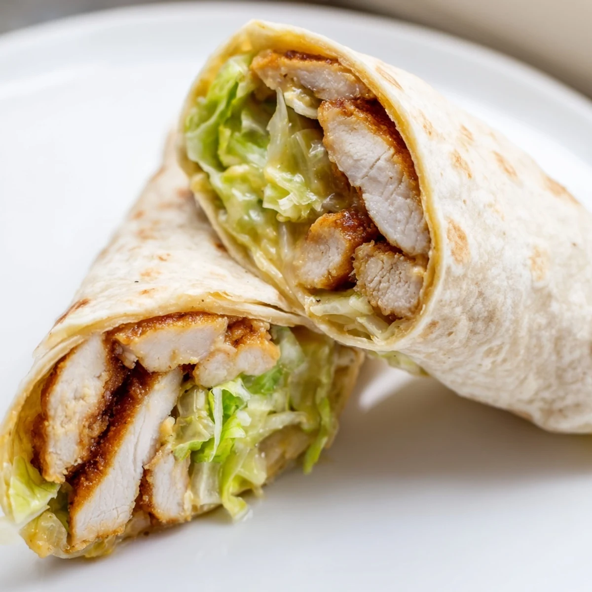 A close-up view of a freshly made honey mustard chicken wrap, with tender chicken pieces peeking from between soft tortillas and crisp lettuce.