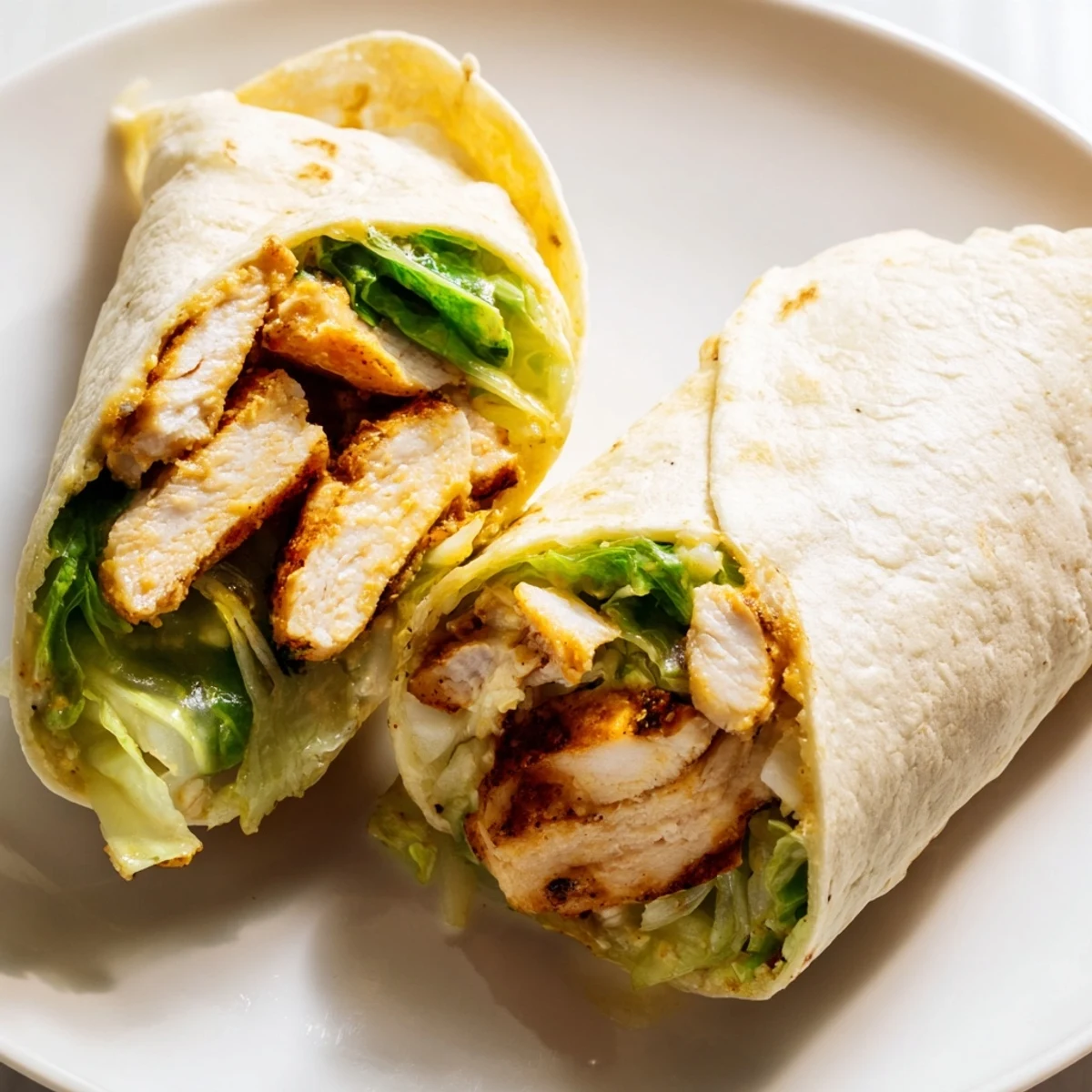 Honey mustard chicken wrap sliced in half on a rustic wooden board, showcasing juicy chicken, fresh lettuce, and a tangy honey-mustard drizzle.