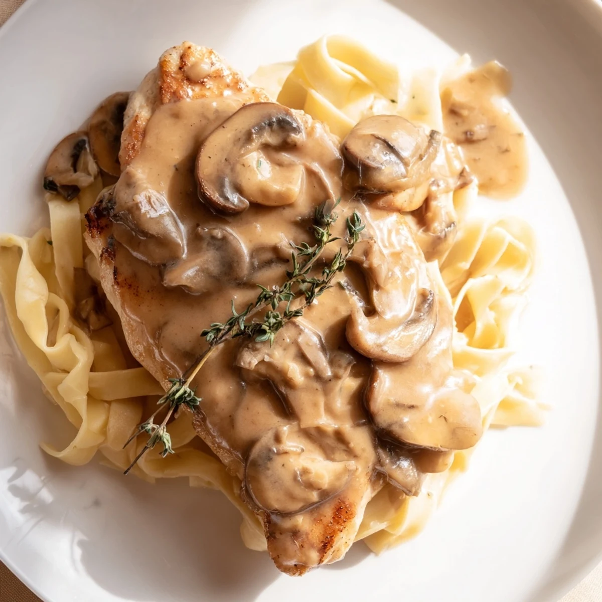 Golden-brown chicken pieces swimming in a velvety mushroom sauce with fettuccine noodles and fresh parsley garnish.  