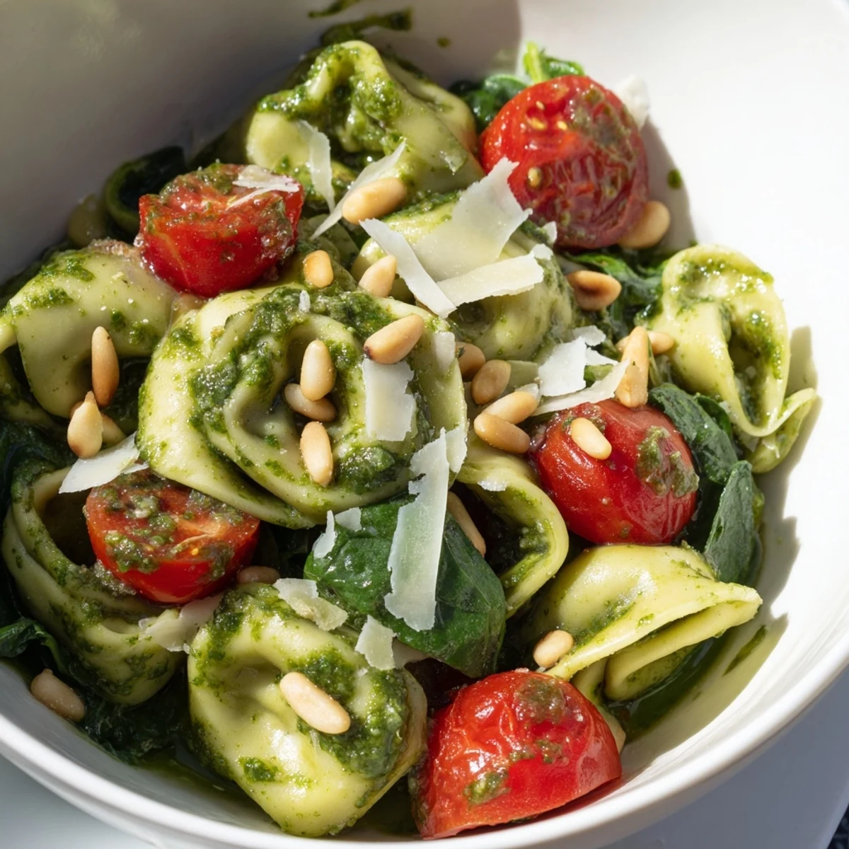 Bright green pesto coats cheese tortellini, cherry tomatoes, and baby spinach in a vibrant summer salad garnished with pine nuts.