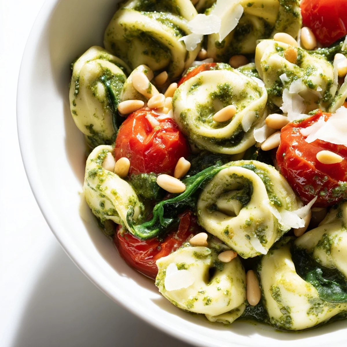 A refreshing pesto tortellini salad with tender pasta, halved cherry tomatoes, and grated Parmesan, perfect for picnics and potlucks.