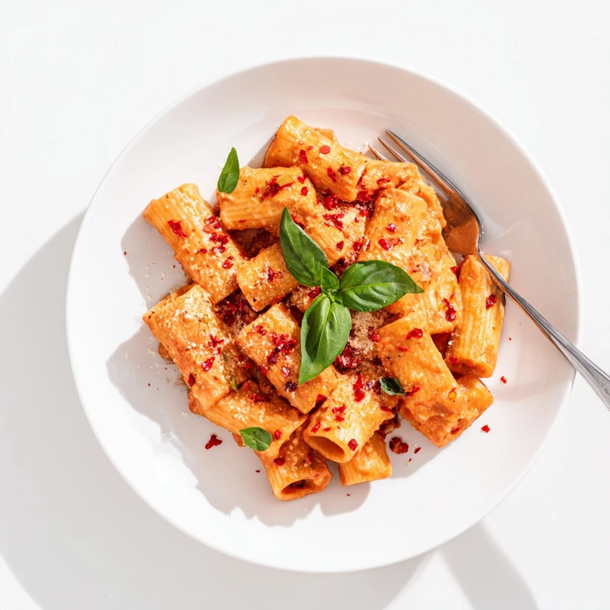 A close-up of creamy Spicy Rigatoni Pasta in a skillet, with fresh basil leaves and grated Parmesan topping the sauce-coated noodles.  